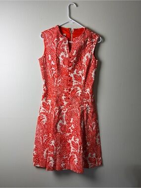 Vintage 1960s Sue Brett Sleeveless Orange/Coral  Paisley Fit-and-Flare Dress